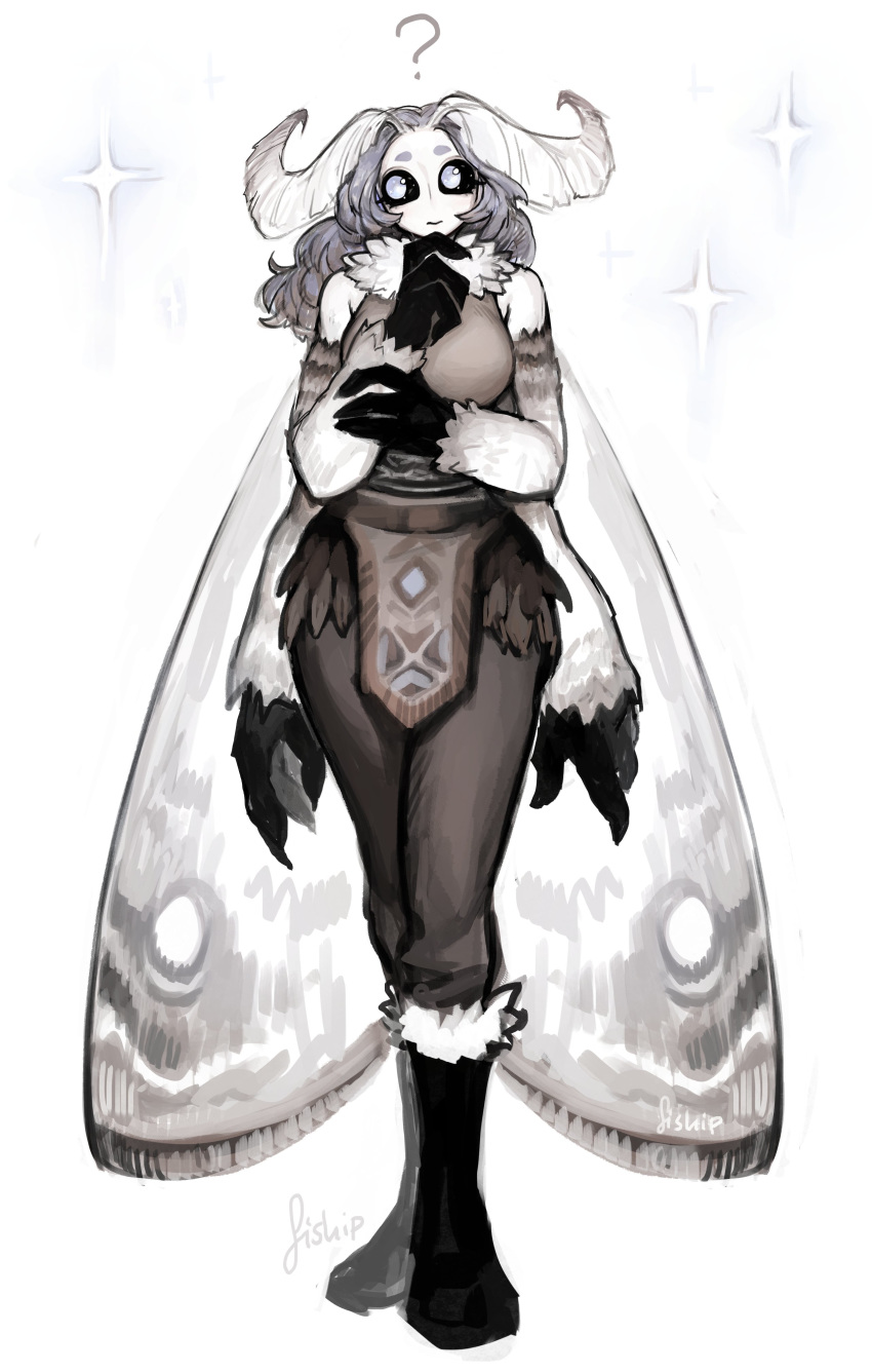 ? absurdres animal_hands antennae arthropod_girl black_sclera boots colored_sclera commentary english_commentary extra_arms female full_body fur-trimmed_boots fur_trim hand_on_own_chin highres insect_wings knee_boots matilda_fiship monster_girl moth_girl moth_wings mother_lumi_(matilda_fiship) original pants simple_background solo sparkle standing white_background wings