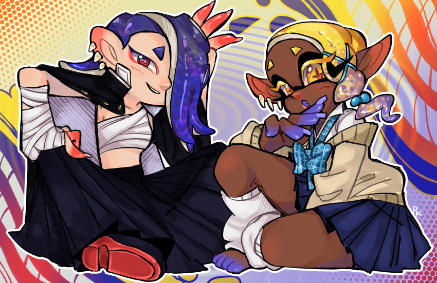 2girls absurdres alternate_costume barefoot blonde_hair blue_hair cephalopod_eyes chest_sarashi cross-shaped_pupils dark-skinned_female dark_skin delinquent ear_piercing frye_(splatoon) gyaru hair_over_one_eye hand_wraps highres inkling jacket jacket_on_shoulders long_skirt miniskirt multiple_girls octoling pcktknife piercing pleated_skirt pointy_ears red_eyes sarashi school_uniform shiver_(splatoon) sitting skirt smile splatoon_(series) splatoon_3 sukeban symbol-shaped_pupils tentacle_hair very_dark_skin wariza yellow_eyes