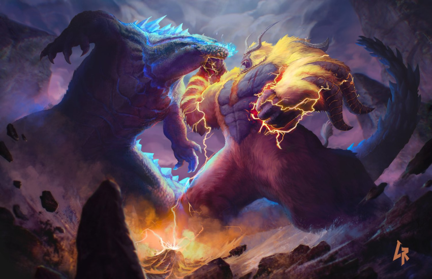 1boy action animal ape battle blonde_hair body_fur charge_blade chipyray claws commentary creature crossover deviljho dinosaur dinosaur_tail dragon duel electricity english_commentary enraged_rajang fangs fighting full_body fusion giant giant_male giant_monster glowing godzilla godzilla:_king_of_the_monsters godzilla_(2014) godzilla_(monsterverse) godzilla_(series) godzilla_vs._kong gorilla horns insect_glaive jaw kaijuu king_kong king_kong_(series) kong:_skull_island male_focus monkey monster monster_hunter:_world monster_hunter_(series) monster_hunter_3 monsterverse muscular muscular_male open_mouth oversized_animal rajang red_eyes scales sharp_teeth sky spiked_helmet spikes spines standing tail teeth yellow_eyes