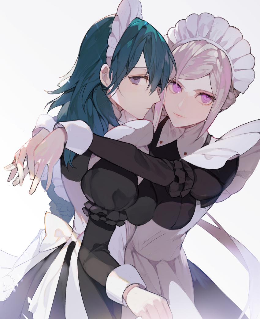 2girls alternate_costume apron black_dress blue_hair bow breast_press breasts byleth_(female)_(fire_emblem) byleth_(fire_emblem) commentary_request cowboy_shot dress edelgard_von_hresvelg enmaided fire_emblem fire_emblem:_three_houses grey_hair highres hug korean_commentary lips long_sleeves looking_at_viewer looking_back maid maid_apron maid_headdress medium_breasts multiple_girls nahonanaho parted_bangs pink_eyes profile puffy_long_sleeves puffy_sleeves purple_eyes simple_background symmetrical_docking white_background wrist_cuffs yuri