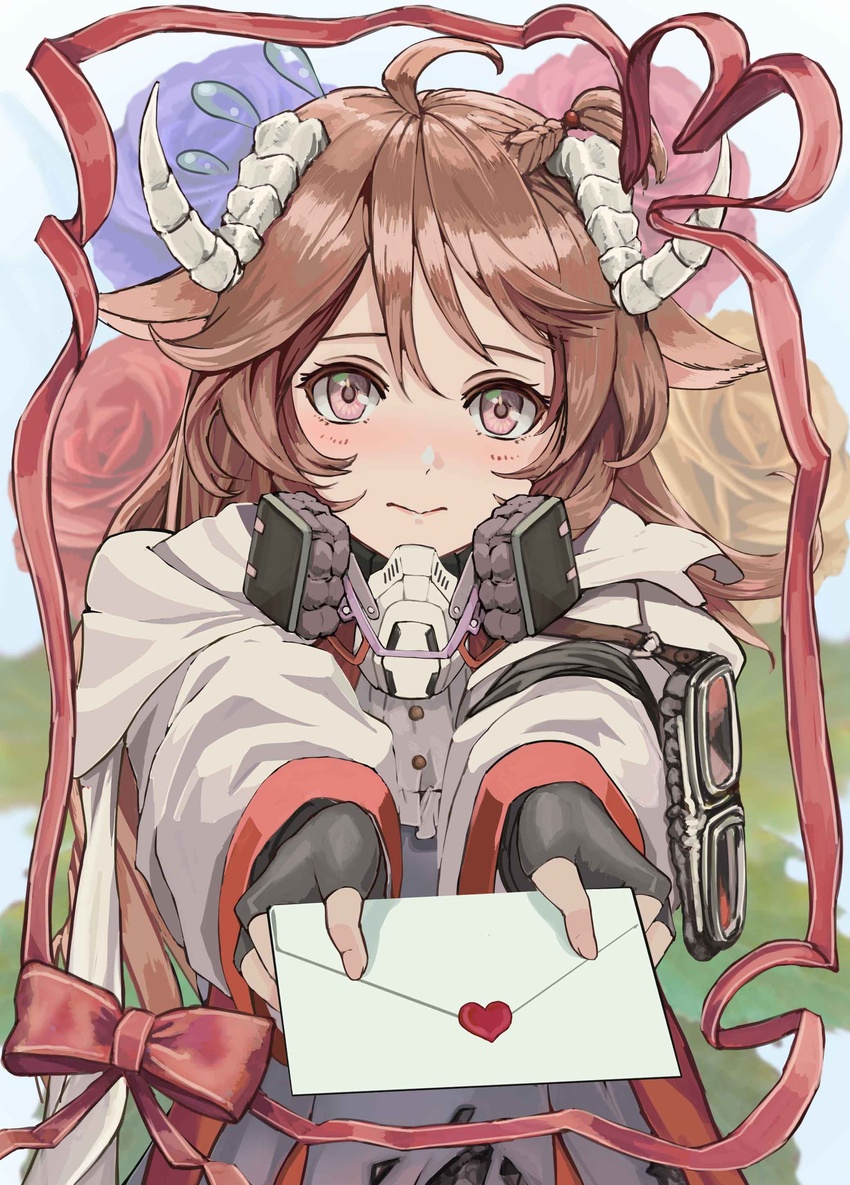 absurdres ahoge animal_ears arknights bad_id bad_pixiv_id blue_flower blush brown_hair commentary_request eyjafjalla_(arknights) female fingerless_gloves flower gloves goat_horns goggles_around_arm hair_between_eyes heart heart_of_string highres horns incoming_letter long_sleeves looking_at_viewer love_letter mask mask_around_neck meganeno_dokitsui outstretched_hand red_eyes red_flower red_ribbon ribbon sheep_ears sheep_girl sheep_horns solo yellow_flower