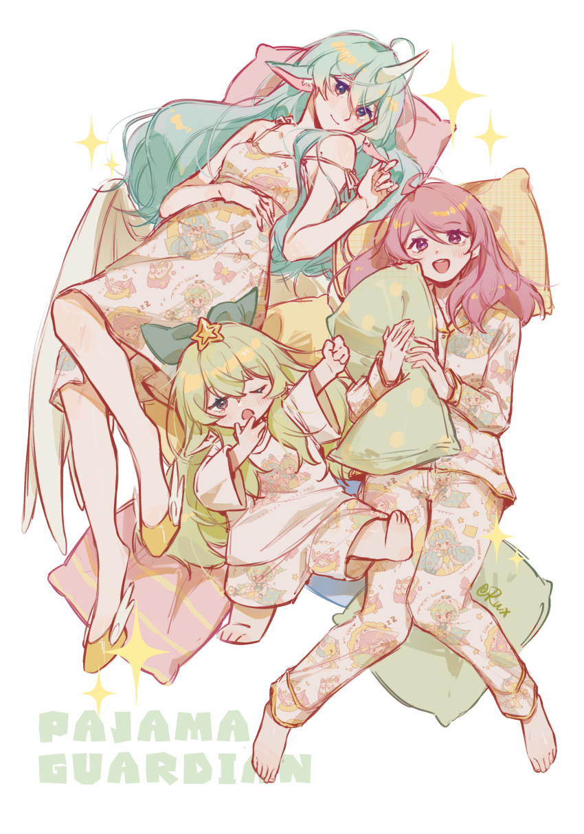 3girls :d absurdres alternate_costume animal_ears bare_shoulders barefoot blonde_hair blush bow character_print dress full_body green_bow green_hair hairbow highres hooves horns horse_ears league_of_legends long_hair long_sleeves lulu_(league_of_legends) lux_(league_of_legends) lying multiple_girls on_back one_eye_closed pajama_guardian_lulu pajama_guardian_lux pajama_guardian_soraka pants pillow pinafore_dress pink_hair pointy_ears ruan_chen_yue single_horn sleeveless sleeveless_dress smile soraka_(league_of_legends) sparkle teeth upper_teeth_only yordle