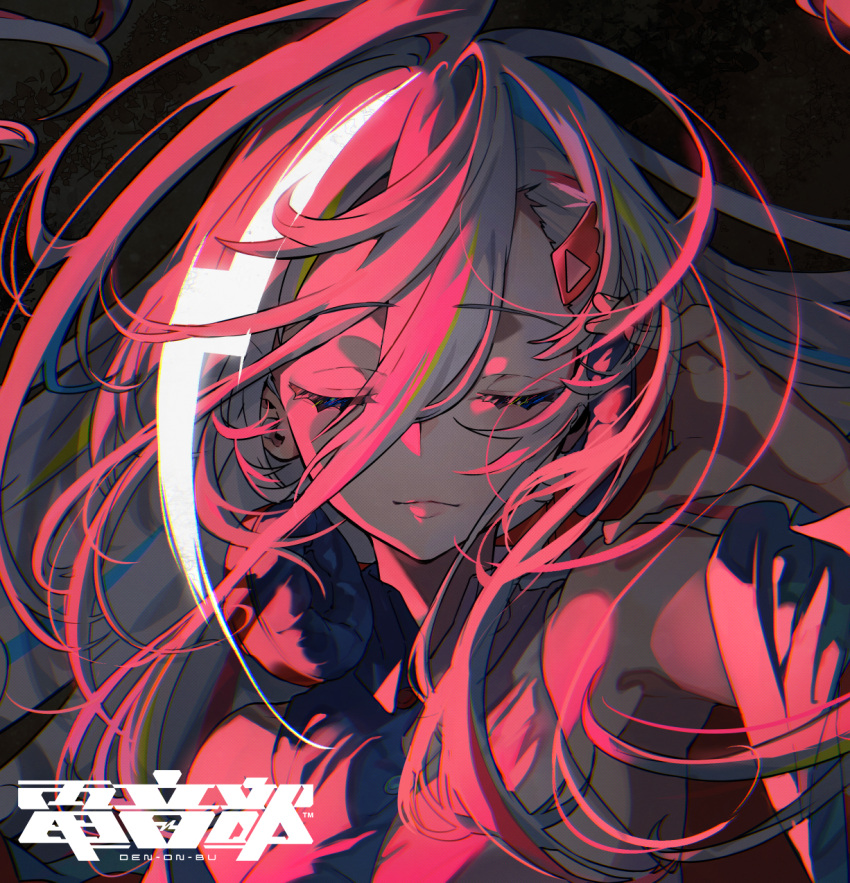 black_background closed_eyes commentary_request copyright_name denonbu female floating_hair hair_between_eyes hair_ornament hairclip highres houou_karin limited_palette long_hair long_hair_between_eyes mika_pikazo official_art pink_theme portrait red_hair red_theme second-party_source solo very_long_hair