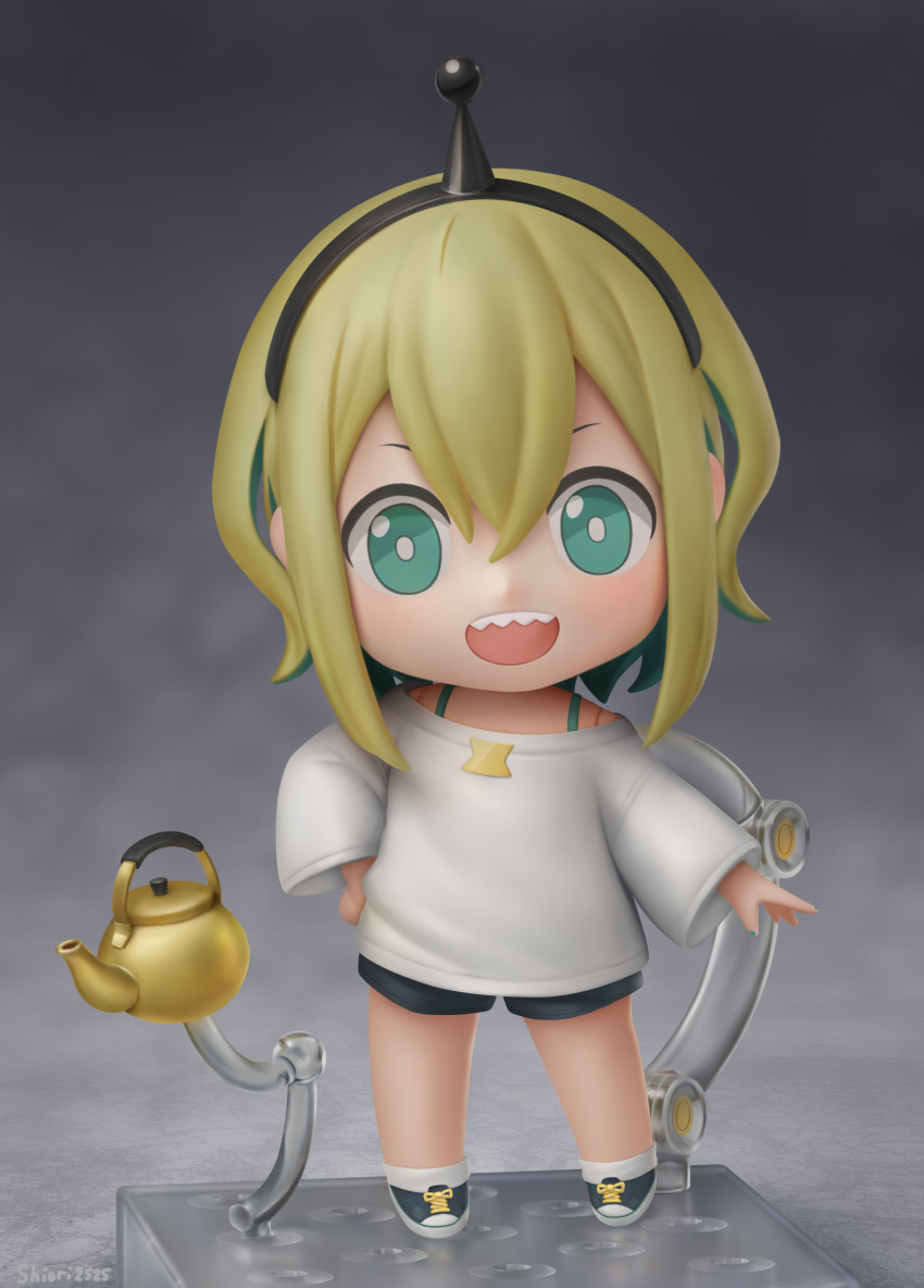 :d absurdres amano_pikamee artist_name bare_shoulders black_footwear black_hairband black_shorts blonde_hair bright_pupils chibi english_commentary faux_figurine female full_body green_eyes green_hair grey_background hair_between_eyes hairband highres kettle long_sleeves looking_at_viewer multicolored_hair nendoroid off-shoulder_shirt off_shoulder open_mouth photorealistic photoshop_(medium) pose realistic sharp_teeth shiori2525 shirt short_hair shorts sidelocks smile socks solo teeth two-tone_hair virtual_youtuber voms white_pupils white_shirt white_socks wide_sleeves