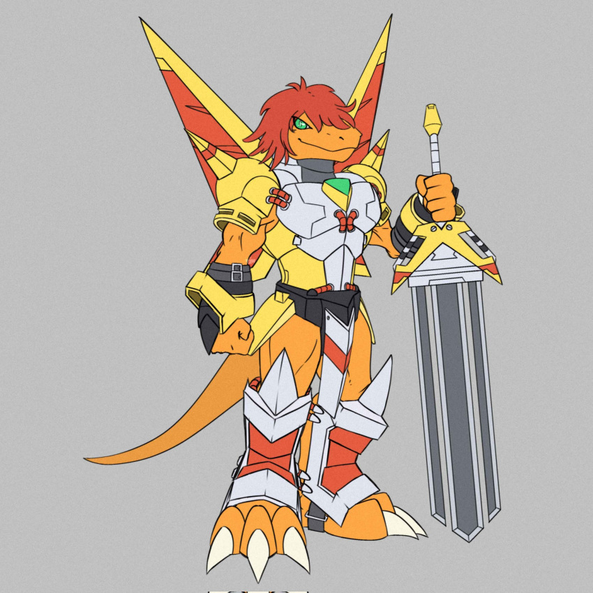 1:1 anthro armor bandai_namco belt claws digimon digimon_(species) green_eyes hair hi_res male melee_weapon muscular muscular_anthro muscular_male pecs red_hair ridgeone1 scalie solo sword victorygreymon weapon