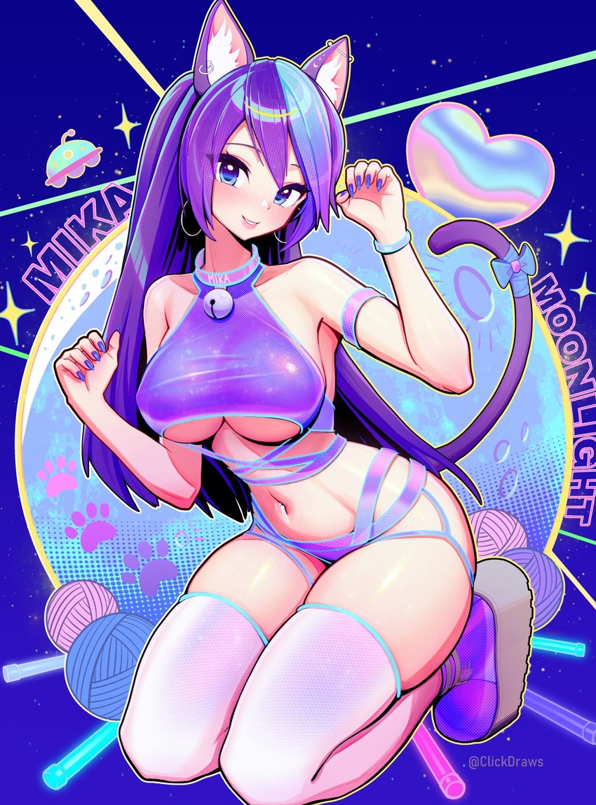 animal_ear_fluff animal_ears arm_strap armpits bare_shoulders bell bikini blue_eyes bow breasts cat_ears cat_girl cat_tail choker claw_pose clickdraws female garter_straps grin hands_up highres indie_virtual_youtuber jingle_bell large_breasts long_hair looking_at_viewer mika_moonlight multicolored_hair nail_polish navel paw_pose purple_bikini purple_hair shoes skindentation smile solo stomach swimsuit tail tail_bow tail_ornament tail_raised taut_bikini taut_clothes thighhighs thighs two-tone_hair underboob virtual_youtuber vrchat white_thighhighs yarn yarn_ball