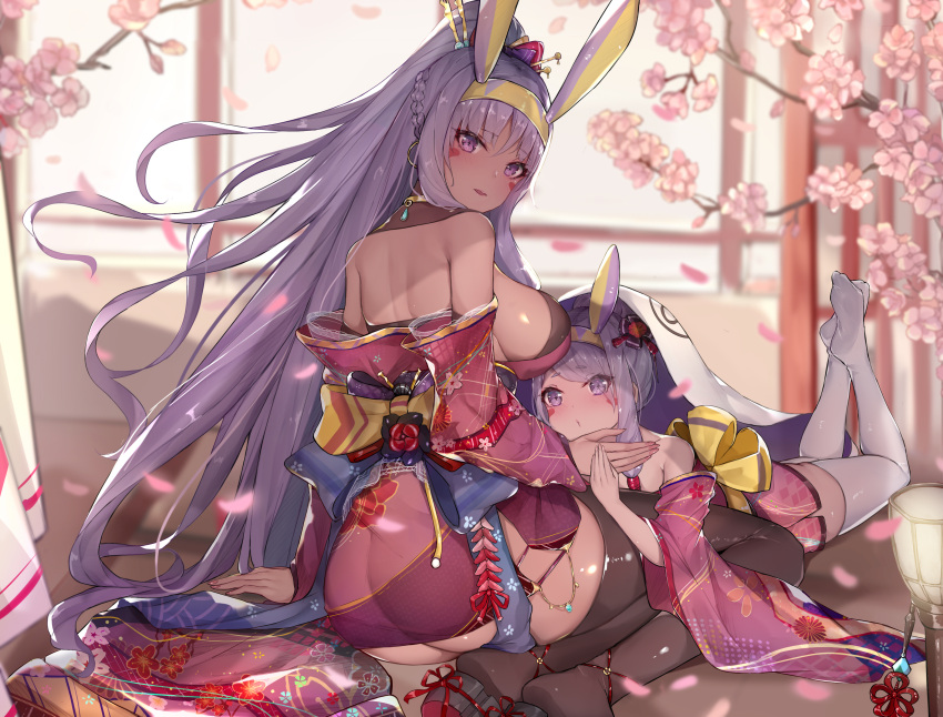 2girls absurdres aged_down animal_ears ass back bare_shoulders blush braid breasts brown_thighhighs cherry_blossoms commentary_request dark-skinned_female dark_skin dual_persona earrings egyptian facepaint facial_mark fake_animal_ears fate/grand_order fate_(series) floral_print french_braid hair_tubes headband high_ponytail highres hoop_earrings jackal_ears japanese_clothes jewelry kimono large_breasts long_hair long_sleeves looking_at_viewer looking_back multiple_girls nitocris_(fate) obi off_shoulder open_mouth purple_eyes purple_hair purple_kimono revision sash seiza sherryqq sideboob sidelocks sitting thighhighs thighs white_thighhighs wide_sleeves