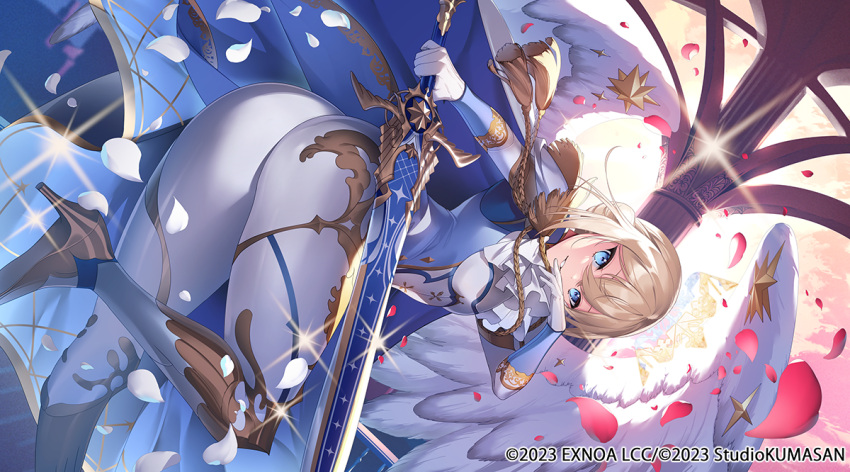 aiguillette arrow_(tamawo222) ascot ass blonde_hair blue_cape blue_eyes bodice breasts cape character_request falling_petals female gloves high_heels holding holding_sword holding_weapon leg_armor official_art pants petals short_hair sidelocks solo star_(symbol) sunset sword tassel twinkle_star_knights weapon white_ascot white_gloves white_pants white_wings wings