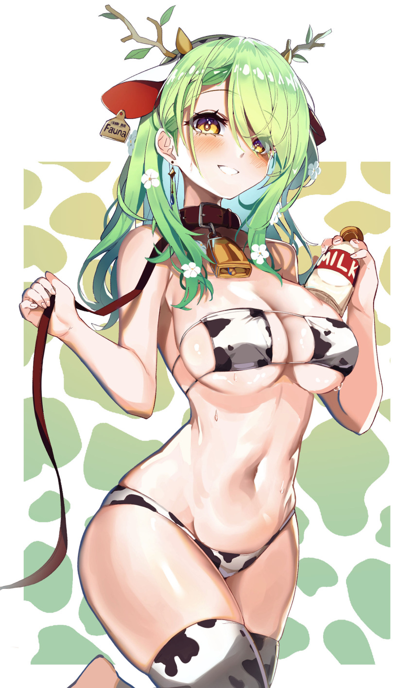 absurdres animal_ears animal_print antlers bell bikini bottle branch breasts brown_collar ceres_fauna character_name collar cow_ears cow_horns cow_print cow_print_bikini cowbell ear_tag earrings eyepatch_bikini fake_animal_ears fake_horns female flower green_hair grin hair_flower hair_ornament highres holding holding_bottle holding_leash hololive hololive_english horns jewelry large_breasts leaf leash long_hair milk_bottle navel neck_bell patterned_background print_bikini print_thighhighs rpg_(ram) smile solo stomach swimsuit thighhighs thighs virtual_youtuber wavy_hair yellow_eyes