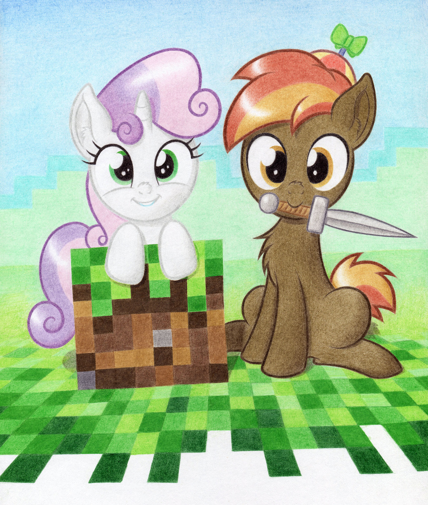 agamnentzar brown_body brown_fur brown_hair button_mash_(mlp) clothing crossover don't_mine_at_night duo earth_pony english_text equid equine female feral friendship_is_magic fur green_eyes hair hasbro hat headgear headwear hi_res horn horse lolicon looking_at_viewer male mammal melee_weapon microsoft minecraft mojang multicolored_hair my_little_pony mythological_creature mythological_equine mythology object_in_mouth open_mouth pony propeller_hat sitting smile sweetie_belle_(mlp) sword sword_in_mouth teeth text two_tone_hair unicorn weapon white_body white_fur xbox_game_studios young young_feral