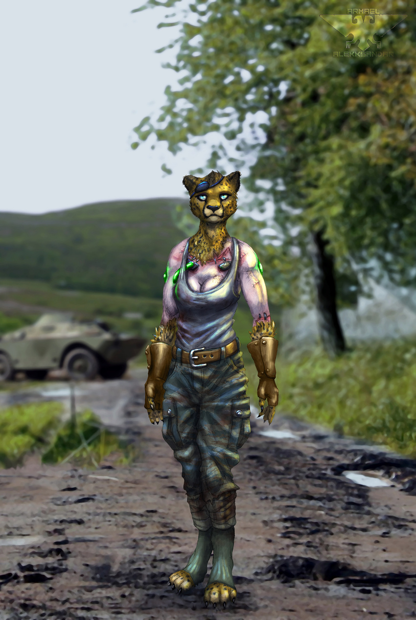 alekksandar anthro blis blue_eyes camo cheetah clothed clothing conditional_dnp experiment_(disambiguation) eye_patch eyewear felid feline female fur hi_res humanoid mammal scientific_experiment shirt solo standing tank_top topwear