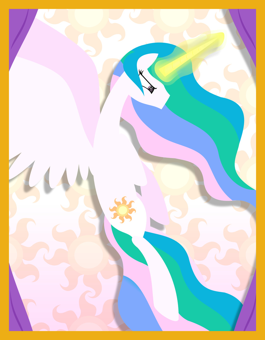 2015 absurd_res alicorn border equid equine feathered_wings feathers female feral friendship_is_magic hasbro hi_res horn mammal my_little_pony mythological_creature mythological_equine mythology nude princess_celestia_(mlp) solo white_body white_feathers wings yellow_border zacatron94