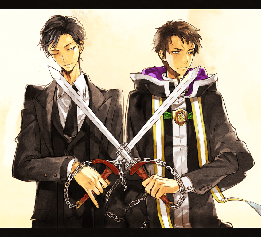 2boys black_hair chains commentary_request formal highres kesion_(orphen) letterboxed majutsushi_orphen multiple_boys nanatoki necktie orphen short_hair suit sword weapon