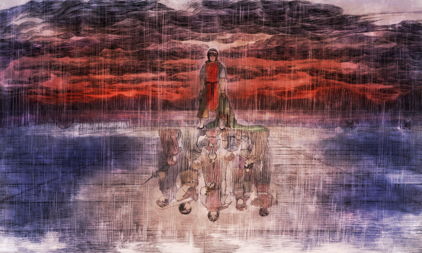 1boy bandana black_hair blonde_hair brown_hair cleo_(suikoden) commentary_request different_reflection flik_(suikoden) gensou_suikoden gensou_suikoden_i gremio_(suikoden) headband highres lonely long_hair maeka_(kumaekake) male_focus odessa_silverberg pahn_(suikoden) rain reflection solo sword ted_(suikoden) teo_mcdohl tir_mcdohl viktor_(suikoden) weapon