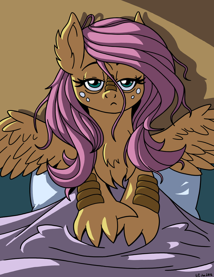 2016 bed blue_eyes dragon equid equine feathered_dragon feathered_scalie feathered_wings feathers female fluttershy_(mlp) friendship_is_magic furniture hair half-closed_eyes hasbro hi_res hybrid inside latecustomer long_hair looking_at_viewer lying mammal my_little_pony mythological_creature mythological_equine mythological_scalie mythology narrowed_eyes pegasus pillow pink_hair scalie solo wings yellow_body yellow_feathers