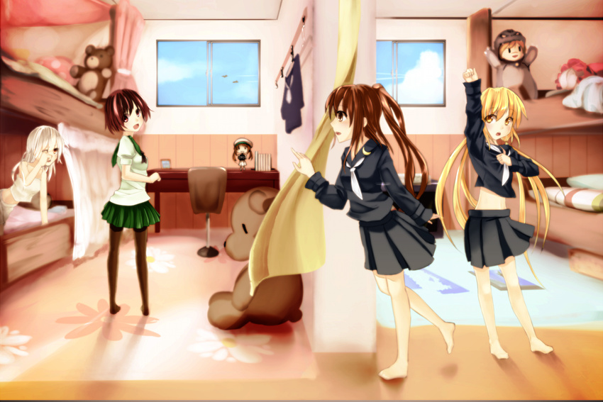 4girls barefoot bed black_hair black_pantyhose black_serafuku black_skirt blonde_hair blush brown_eyes brown_hair bunk_bed commentary_request dorm dressing error_musume fumizuki_(kancolle) kantai_collection kikuzuki_(kancolle) long_hair long_sleeves looking_back multiple_girls mutsuki_(kancolle) necktie open_mouth pajamas pantyhose pleated_skirt ponytail room rubbing_eyes satsuki_(kancolle) school_uniform serafuku short_hair skirt smile tank_top twintails unier waking_up white_hair yellow_eyes