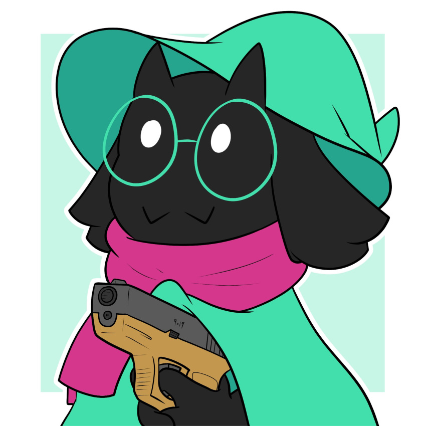 1:1 2018 anthro black_body black_fur bovid bran-draws-things caprine clothing darkner delet_this deltarune digital_media_(artwork) eyewear fangs fur glasses glock goat gun handgun hat headgear headwear hi_res male mammal meme pistol ralsei ralsei_with_a_gun ranged_weapon reaction_image scarf simple_background solo teeth undertale_(series) weapon