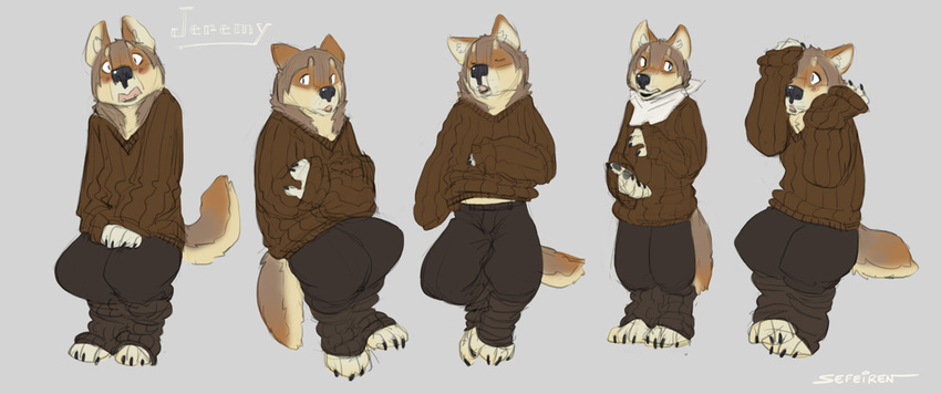 2013 anthro bandana biped blush canid canine canis claws closed_eyes clothed clothing conditional_dnp ears_back hindpaw jeremy_(sefeiren) kerchief male mammal multiple_poses paws pivoted_ears pose sefeiren sitting sleeping solo standing sweater topwear wolf