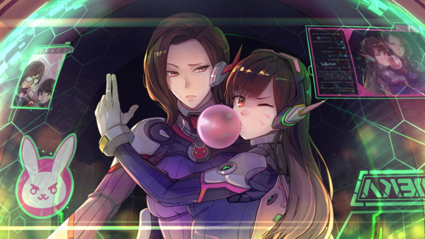 2boys 2girls bodysuit breasts brown_eyes brown_hair bubble casino_(overwatch) chewing_gum commentary confused d.mon_(overwatch) d.va_(overwatch) earphones facepaint finger_gun gloves headphones holographic_monitor hsin hug king_(overwatch) long_hair looking_at_another looking_at_viewer medium_breasts multiple_boys multiple_girls one_eye_closed overlord_(overwatch) overwatch overwatch_1 parted_lips pilot_suit science_fiction selfie short_hair shoulder_pads sitting sitting_on_lap sitting_on_person small_breasts smile white_gloves