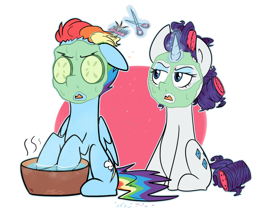 2016 blue_body blue_feathers bowl brush brushing brushing_hair comb_(brush) container cucumber cutie_mark duo equid equine face_mask feathered_wings feathers female feral food friendship_is_magic fruit hair hair_trimming hairbrush hasbro horn male mammal mud_mask multicolored_hair my_little_pony mythological_creature mythological_equine mythology nolycs pegasus personal_grooming plant rainbow_dash_(mlp) rainbow_hair rarity_(mlp) rule_63 scissors simple_background sitting social_grooming styling_hair trimming_(grooming) unicorn vegetable water wings