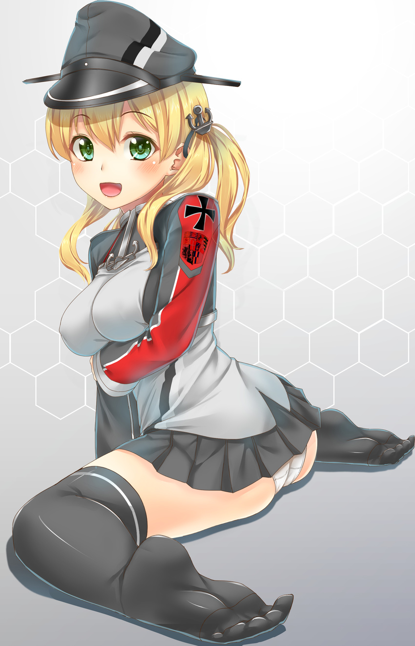 absurdres anchor_hair_ornament ass black_thighhighs blush breasts commentary_request cross ecou feet female green_eyes hair_ornament hat highres iron_cross jacket kantai_collection large_breasts long_sleeves looking_at_viewer no_shoes open_mouth over-kneehighs panties pantyshot prinz_eugen_(kancolle) revision sailor_hat sitting skirt smile soles solo thighhighs toes twintails underwear wariza white_panties