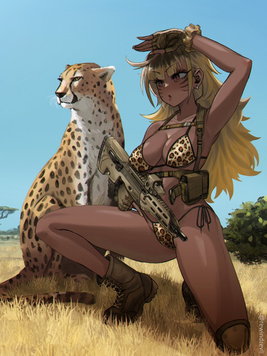 animal_print arm_up armpits assault_rifle bikini boots breasts cheetah cheetah_print cleavage dark_skin desert_tech_mdr earrings facial_tattoo female fingerless_gloves gloves gun highres holding holding_gun holding_weapon jewelry large_breasts long_hair nail_polish original print_bikini reze_(rewindze) rifle solo swimsuit tattoo twitter_username weapon