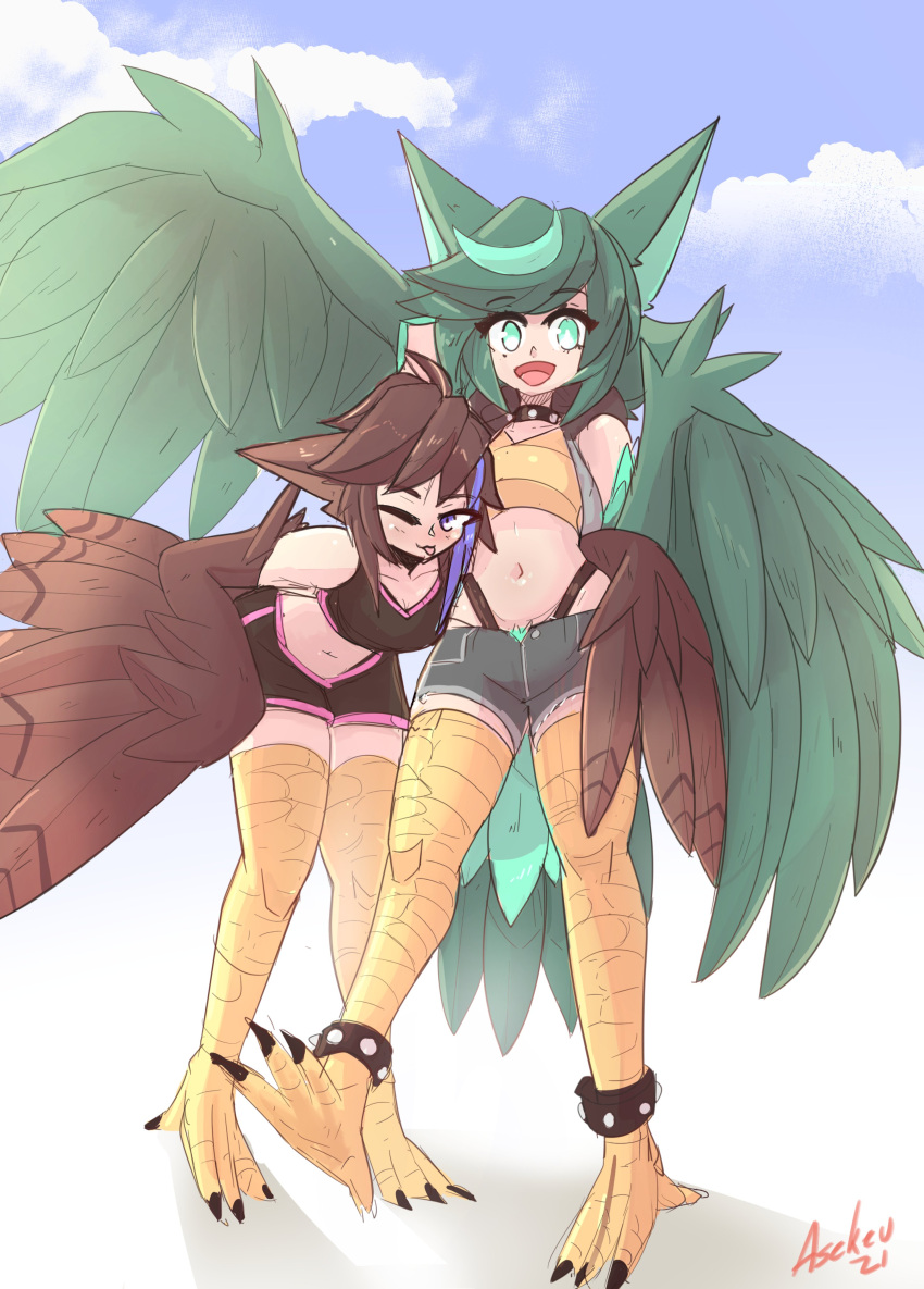 2girls absurdres aeris_(athighhighguy) animal_ears anklet asekeu bare_shoulders bird_legs black_shorts brown_feathers brown_wings cat_ears commentary english_commentary feathered_wings feathers green_eyes green_feathers green_hair green_wings harpy highres hug jewelry long_hair looking_at_viewer midriff monster_girl multiple_girls navel one_eye_closed open_mouth original quill_(asekeu) shorts talons tongue tongue_out waist_hug winged_arms wings