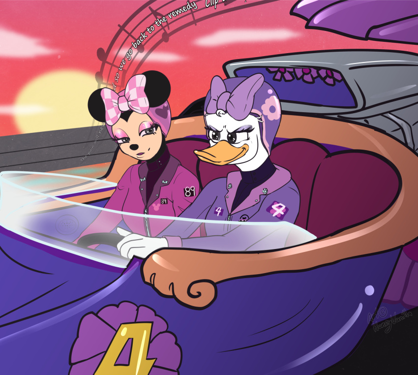 alternative_rock anatid anseriform anthro avian azzieworks bird daisy_duck determined disney disney_junior driving duck duo female female/female focused grunge_(genre) hi_res honeyvanilla listening_to_music lyrics mammal mickey_mouse's_mixed-up_adventures mickey_mouse_clubhouse mickey_mouse_funhouse mickey_mouse_roadster_racers minnie's_bow-toons minnie_mouse mouse murid murine racecar racer racing_car racing_gear racing_helmet racing_uniform rock_(genre) rodent romantic romantic_couple romantic_stare seether_(band) snapdragon_(racecar) sunset