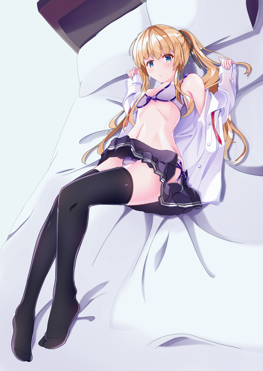 bed black_thighhighs blonde_hair blue_eyes bra female highres long_hair long_sleeves looking_at_viewer nraib on_bed panties pantyshot pillow pleated_skirt purple_bra saenai_heroine_no_sodatekata sawamura_spencer_eriri shirt skirt solo thighhighs twintails unbuttoned unbuttoned_shirt underwear white_shirt