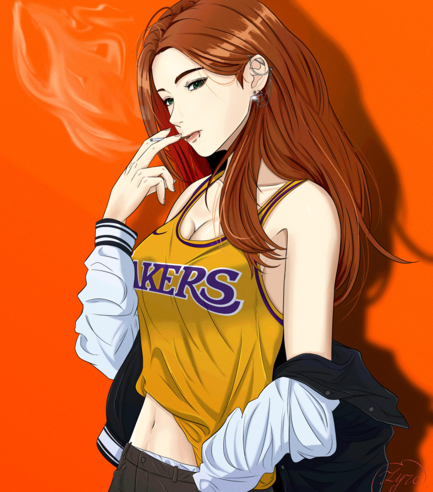 absurdres black_jacket black_pants breasts brown_hair cigarette cleavage commentary earrings english_commentary female glint green_eyes hair_behind_ear head_tilt highres holding holding_cigarette huh_yun-jin imlyra jacket jewelry k-pop le_sserafim lip_piercing long_hair los_angeles_lakers medium_breasts midriff navel off_shoulder orange_background pants piercing real_life smoking solo tank_top yellow_tank_top