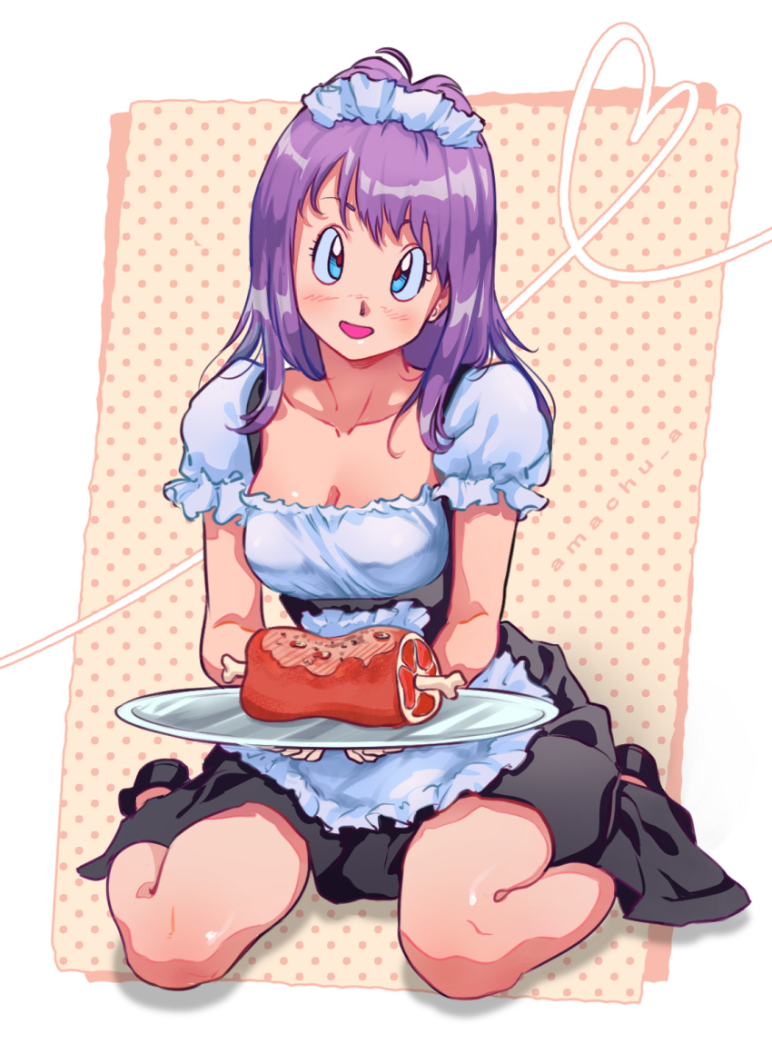 amachu_a apron black_dress blue_eyes boned_meat breasts bulma_briefs cleavage commentary dragon_ball dragon_ball_(classic) dress english_commentary eyebrows_hidden_by_hair female food heart highres holding holding_tray maid maid_headdress meat medium_breasts medium_dress medium_hair open_mouth puffy_short_sleeves puffy_sleeves purple_hair short_sleeves sitting smile solo tray underbust waist_apron wariza