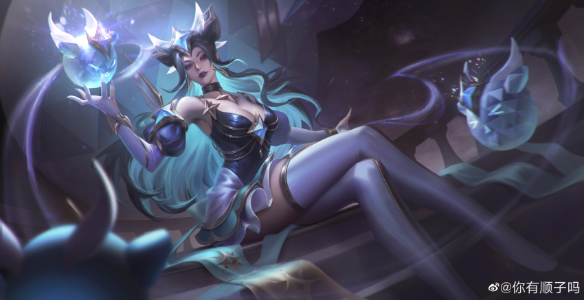 absurdres black_hair breasts chinese_commentary chromatic_aberration cleavage earrings eyeshadow female hair_ornament highres jewelry large_breasts league_of_legends lipstick looking_at_viewer makeup ni_youshun official_alternate_costume official_alternate_hairstyle parted_lips prestige_star_guardian_syndra purple_eyes purple_eyeshadow purple_lips signature sitting solo star_guardian_(league_of_legends) star_guardian_pet syndra