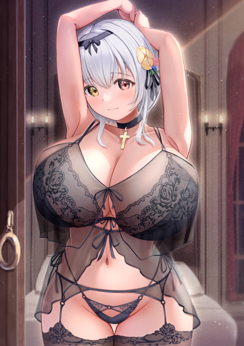 absurdres alicia_renato_(yashiro_sousaku) arms_up babydoll black_babydoll black_bra black_choker black_panties black_thighhighs blush bra breasts choker cleavage closed_mouth collarbone commentary_request commission cross female fujinomiya_rio garter_belt garter_straps hair_between_eyes hair_ornament hair_ribbon highleg highleg_panties highres huge_breasts indoors long_hair navel original panties red_eyes ribbon sconce see-through see-through_babydoll side-tie_panties solo standing stretching thighhighs underwear white_hair yellow_eyes