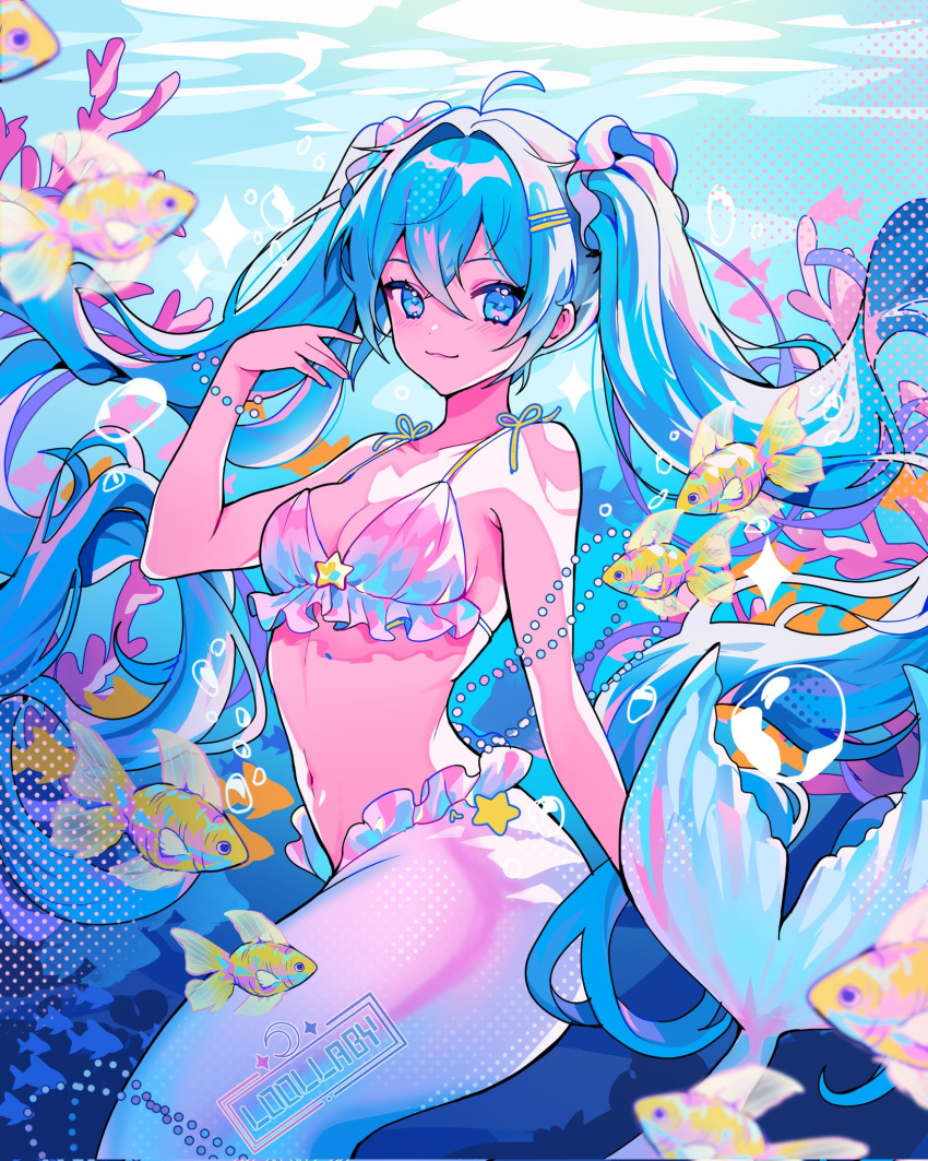 ahoge air_bubble bikini bikini_top_only blue_eyes blue_hair breasts bubble cleavage female fish floating_hair frills hair_ornament hairpin halftone hand_up hatsune_miku highres jewelry long_hair looking_at_viewer luna_(l000llaby) medium_breasts mermaid mermay_2024 midriff monster_girl ocean swimsuit twintails underwater vocaloid