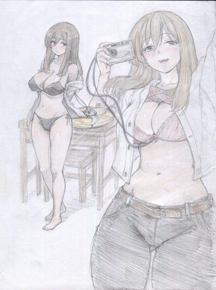 arm_up arms_behind_back belt bikini black_bikini blue_eyes bra breasts brown_hair camera colored_pencil_(medium) covered_nipples female hibike!_euphonium highres holding holding_camera jacket jacket_partially_removed kuroe_mayu large_breasts long_hair navel pants red_bra shirajira shirt_rolled_up smile swimsuit table traditional_media underwear white_jacket