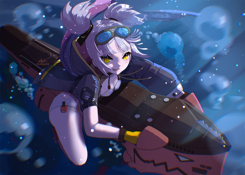 :d air_bubble azur_lane bare_shoulders black_jacket blonde_hair blue_jacket breasts bubble cleavage diving echo_(lowlow808) female from_above gloves goggles goggles_on_head hood hooded_jacket jacket leaning_forward leaning_on_object looking_at_viewer looking_up medium_hair oerba_yun_fang one-piece_swimsuit open_clothes open_jacket riding rigging slit_pupils small_breasts smile solo straddling submarine submerged swimsuit thighs twintails u-96_(azur_lane) watercraft white_one-piece_swimsuit yellow_eyes