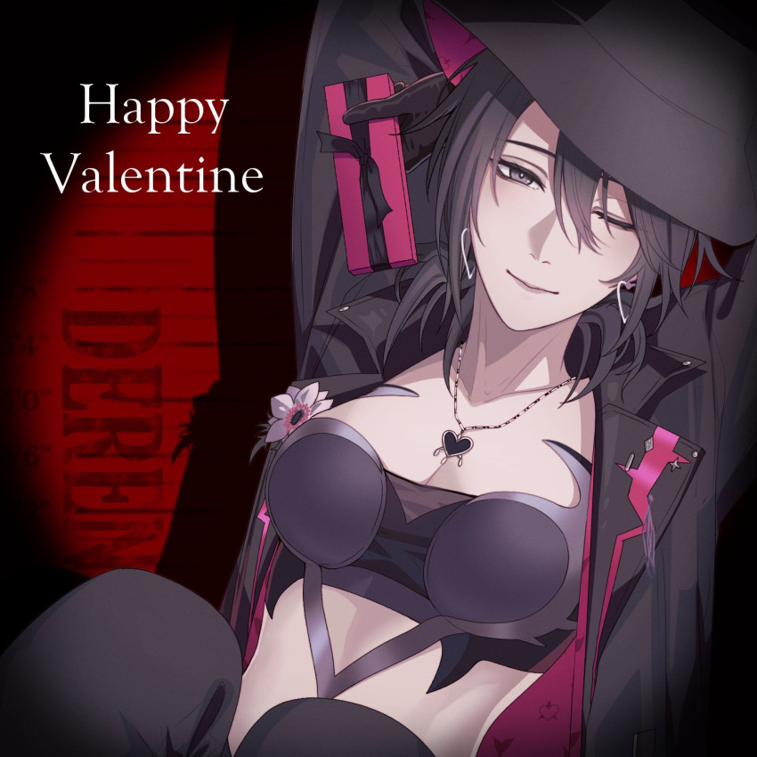 angon623 arms_behind_head arms_up black_eyes black_hair black_hat black_jacket black_tube_top boutonniere box breasts character_name cleavage collarbone commentary deren_(path_to_nowhere) earrings female flower gift gift_box hair_between_eyes happy_valentine hat heart heart_earrings heart_necklace heart_print heart_top height_chart highres holding holding_box holding_gift hoop_earrings jacket jewelry linea_alba looking_at_viewer medium_breasts medium_hair necklace one_eye_closed open_clothes open_jacket path_to_nowhere pink_flower print_headwear print_jacket red_background smile solo spotlight stomach strapless tube_top two-sided_fabric two-sided_headwear upper_body