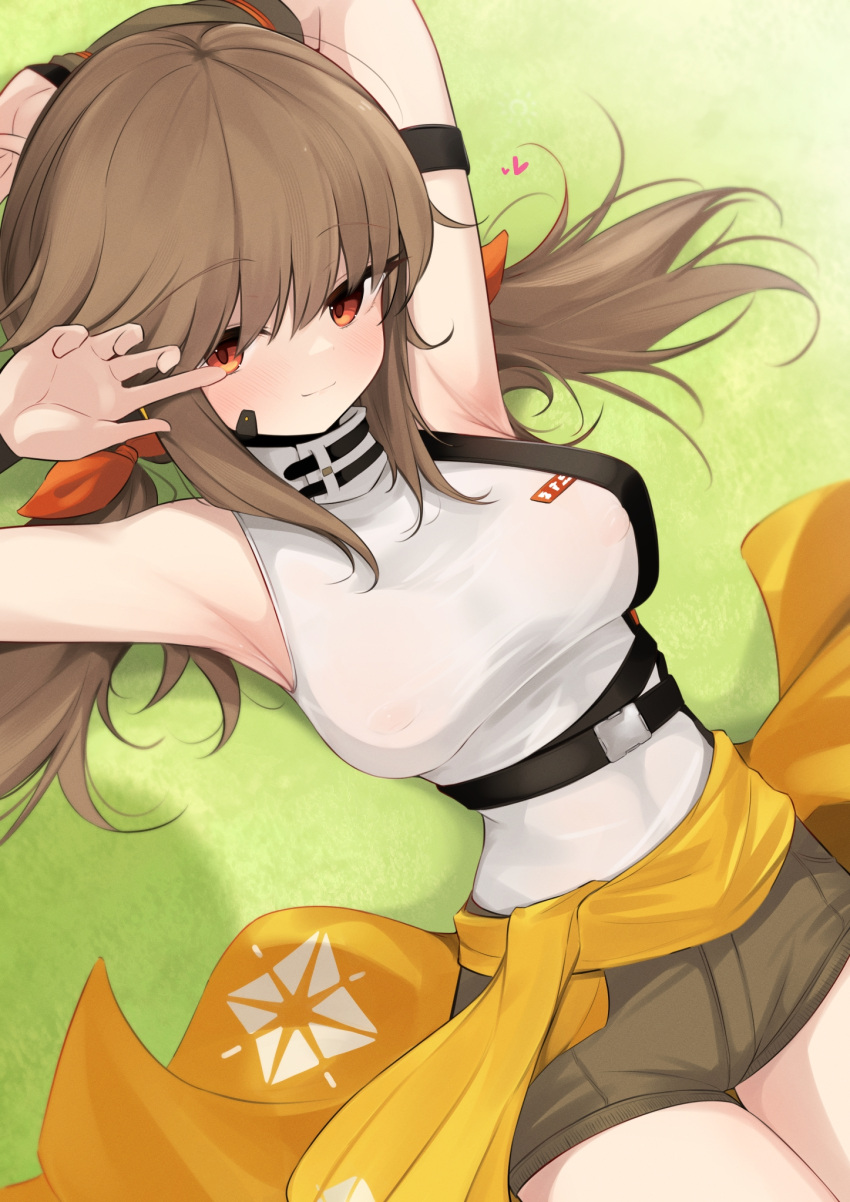 armpits arms_up breasts brown_hair closed_mouth clothes_around_waist covered_nipples falcon_(girls'_frontline) female girls'_frontline girls'_frontline_neural_cloud heart highres lying ohichi16 on_back red_eyes short_shorts shorts sleeveless sockdolager_(neural_cloud) solo