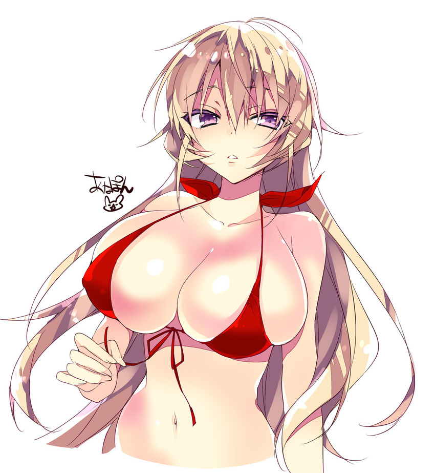 anapom bad_id bad_pixiv_id bikini blonde_hair breasts cleavage female front-tie_bikini_top front-tie_top highres huge_breasts long_hair nakiri_erina navel pink_eyes red_bikini shokugeki_no_souma solo swimsuit upper_body