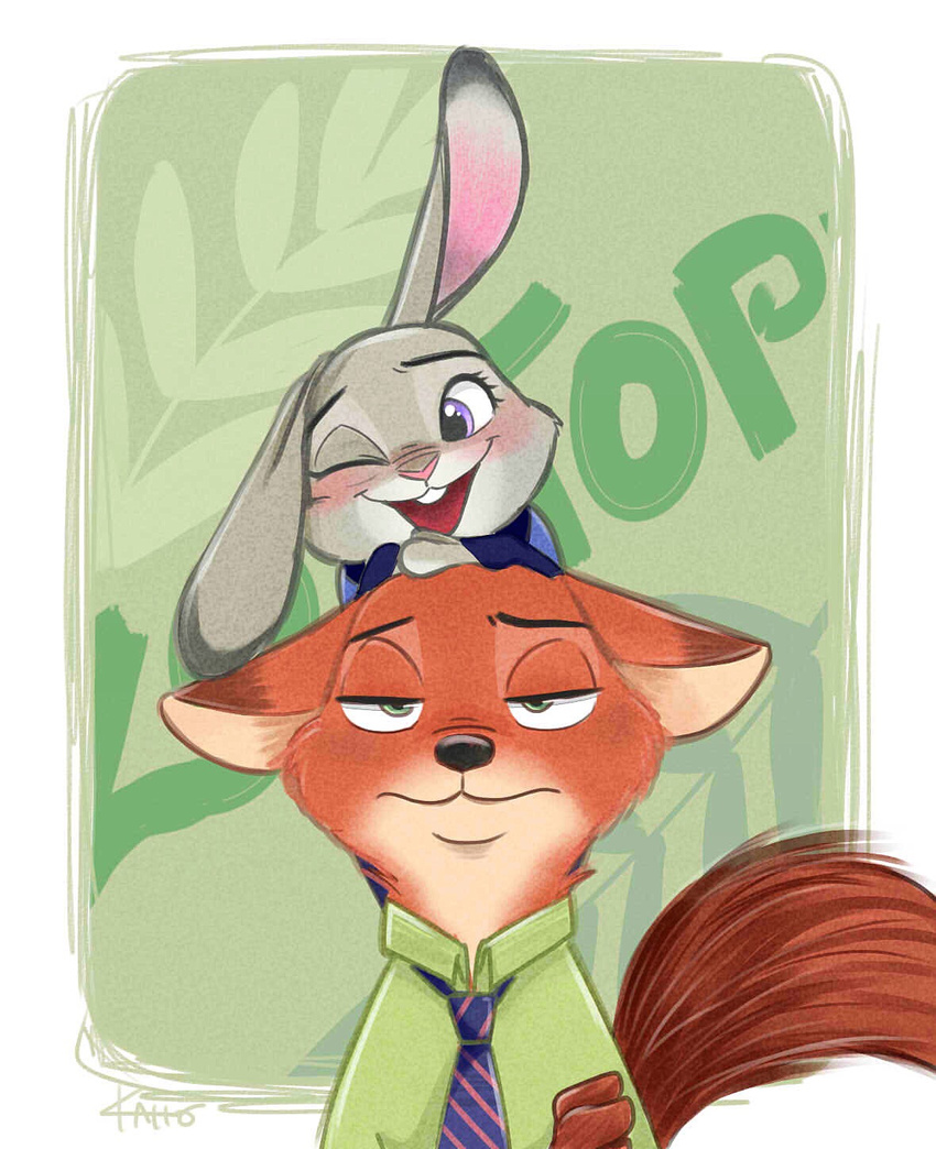 annoyed anthro blush canid canine disney duo female fox fur green_eyes grey_body grey_fur hi_res judy_hopps kaho lagomorph larger_male leporid long_ears male mammal nick_wilde one_eye_closed open_mouth orange_body orange_fur predator/prey purple_eyes rabbit red_fox size_difference smaller_female true_fox wink zootopia