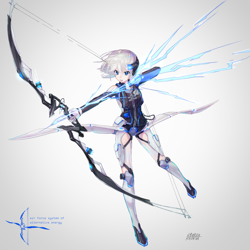 absurdres arrow_(projectile) artist_name blue_eyes bow_(weapon) bridal_gauntlets canata_katana commentary_request drawing_bow energy_arrow female full_body headgear highres holding holding_arrow holding_bow_(weapon) holding_weapon left-handed looking_at_viewer mecha_musume original short_hair simple_background solo weapon white_hair