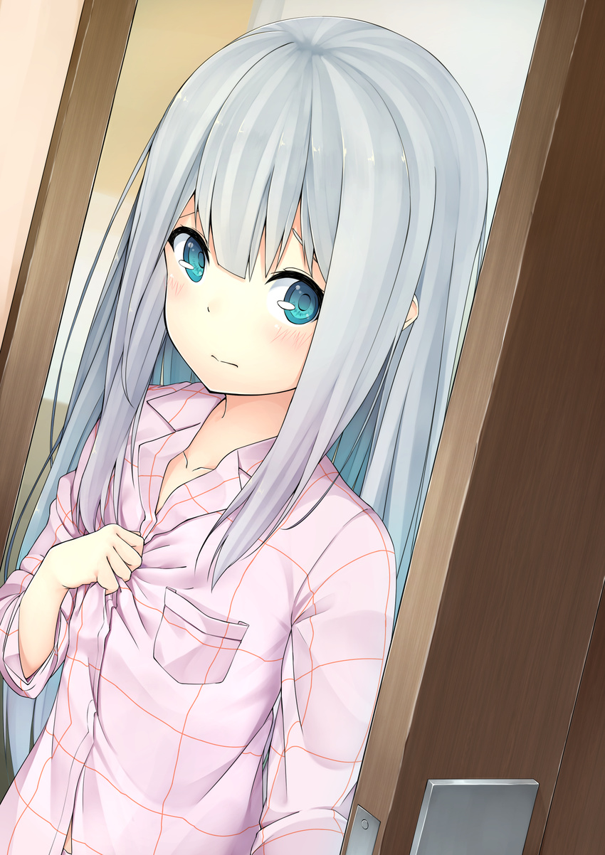 3: aqua_eyes blush breast_pocket closed_mouth collarbone commentary_request door dutch_angle eromanga_sensei female grey_hair hand_on_own_chest highres hiraba_6018 indoors izumi_sagiri long_hair looking_at_viewer pajamas plaid plaid_shirt pocket purple_shirt shirt solo upper_body