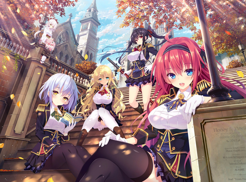 5girls :d :o ahoge aqua_eyes architecture arm_support arm_up ascot autumn_leaves between_legs black_hair black_hairband black_legwear black_ribbon black_skirt blazer blonde_hair blue_eyes blue_skirt blue_sky blush book boots breasts brooch brown_footwear buttons chains church clock clock_tower closed_mouth cloud cloudy_sky commentary_request cropped_jacket cross_print crossed_legs dappled_sunlight day detexted dot_nose dress_shirt dutch_angle epaulettes eyelashes eyes_visible_through_hair falling_leaves floral_print furisode gloves gold_chain gold_trim hair_between_eyes hair_ornament hair_over_shoulder hair_ribbon hair_tubes hairband half-closed_eyes hand_between_legs hand_on_lap hand_on_own_hip hand_on_own_knee hands_on_lap hanidebi!_honey_&_devil hayakawa_harui head_tilt heart high_collar highres holding holding_book index_finger_raised jacket japanese_clothes jewelry kimono kneehighs knees_together_feet_apart kougousaki_ruri kuwako_tomone lamppost large_breasts layered_skirt leaf leaning legs_together light_purple_hair light_rays logo long_hair long_sleeves looking_at_viewer low-tied_long_hair miniskirt multiple_girls nishinozono_kaoruko obi official_art one_side_up open_mouth outdoors own_hands_together pantyhose plaid plaid_skirt plant plaque ponytail print_kimono railing red_eyes red_hair red_ribbon ribbon ringlets round_teeth sakuramon sandals sash school_uniform shirt short_hair sidelocks sitting sitting_on_stairs skirt sky sleeve_cuffs sleeves_rolled_up small_breasts smile socks speech_bubble spoken_heart stairs standing standing_on_one_leg striped_clothes striped_hairband sunbeam sunlight tabi takamiya_ouka tassel taut_clothes taut_shirt teeth thighhighs third-party_edit toudou_aoi tower tree twintails two_side_up underbust uniform unmoving_pattern v_arms very_long_hair white_gloves white_hair white_ribbon white_shirt wind wind_lift wing_collar x_hair_ornament yellow_eyes zouri