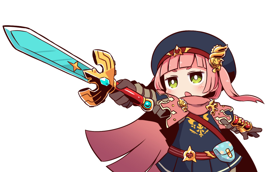 :o bag beret blue_hat blue_jacket blue_skirt blunt_bangs blush brown_gloves cape commentary_request female gloves green_eyes hat hero_(sekaiju) hero_4_(sekaiju) highres holding holding_sword holding_weapon jacket long_hair naga_u open_mouth outstretched_arm pink_cape pink_hair pleated_skirt satchel sekaiju_no_meikyuu sekaiju_no_meikyuu_x short_eyebrows simple_background skirt solo sword thick_eyebrows twintails weapon white_background