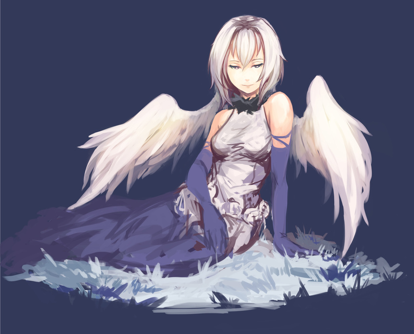 angel_wings anonymous_drawfag_(artist) artist_request bare_shoulders breasts check_artist elbow_gloves engi_threepiece feather_boa female gloves half-closed_eyes highres long_hair long_skirt lying on_side photoshop_(medium) purple_eyes simple_background skirt small_breasts solo white_hair wings yumekui_merry