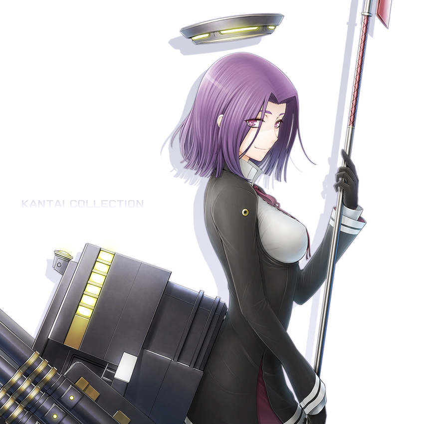 commentary copyright_name female glaive_(polearm) gloves halo highres kantai_collection looking_at_viewer mechanical_halo misawa_kei photoshop_(medium) polearm purple_eyes purple_hair school_uniform short_hair simple_background smile solo tatsuta_(kancolle) weapon