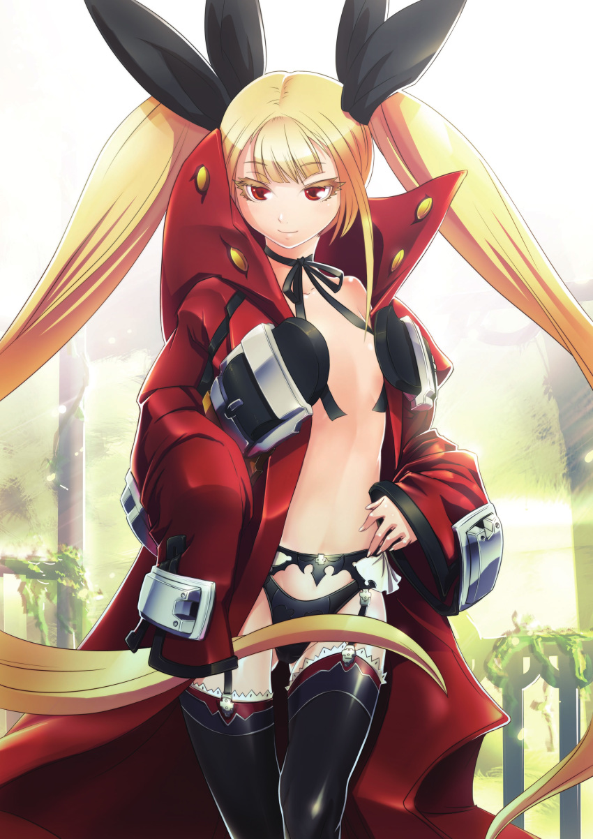 absurdres artist_request ass_visible_through_thighs black_panties blazblue blonde_hair coat colored_eyelashes cosplay eyelashes female flat_chest hair_ribbon highres jacket long_hair no_bra non-web_source official_art open_clothes oversized_clothes panties rachel_alucard ragna_the_bloodedge ragna_the_bloodedge_(cosplay) red_eyes ribbon sleeves_past_wrists solo thighhighs twintails underwear very_long_hair