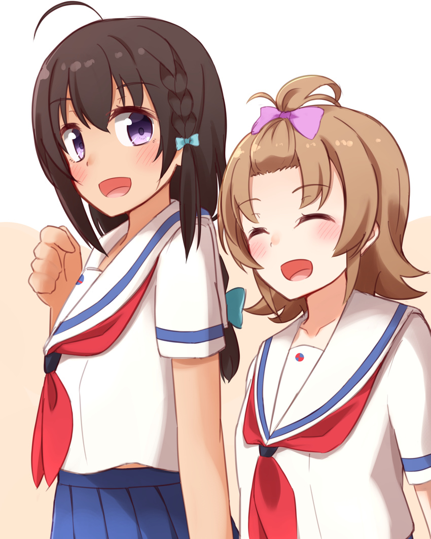 2girls ahoge bad_id bad_pixiv_id black_hair blue_skirt bow braid brown_hair closed_eyes hairbow high_school_fleet highres kapatarou looking_at_viewer multiple_girls neckerchief open_mouth pink_bow pleated_skirt purple_eyes red_neckerchief school_uniform serafuku short_hair short_sleeves simple_background skirt topknot uchida_mayumi upper_body white_background yamashita_hideko yokosuka_girls_marine_high_school_uniform