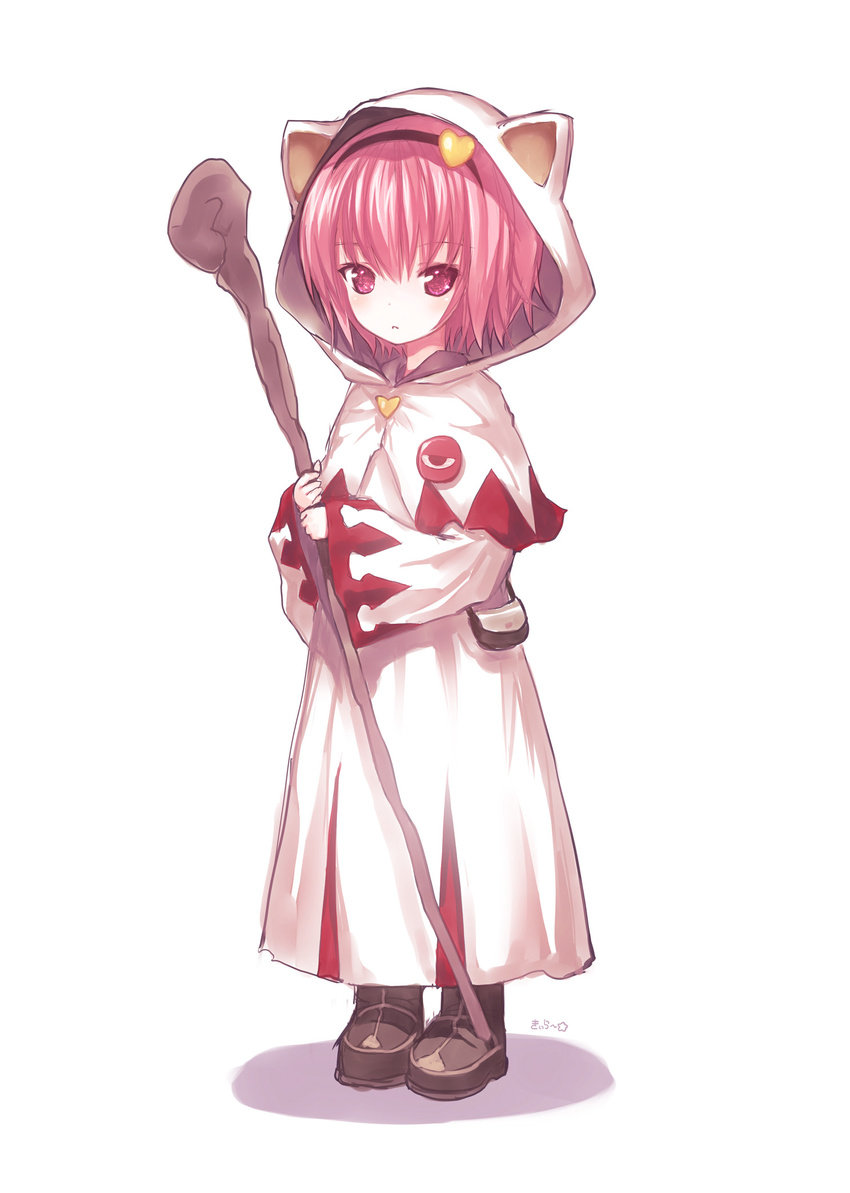 animal_hood blush boots cat_hood commentary_request cosplay female final_fantasy final_fantasy_xiv full_body hairband heart highres hood kiira komeiji_satori looking_at_viewer photoshop_(medium) pink_eyes pink_hair robe short_hair simple_background solo staff third_eye touhou warrior_of_light_(ff14) white_background white_mage_(final_fantasy) white_mage_(final_fantasy)_(cosplay)