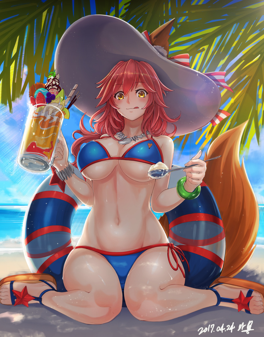 :q absurdres animal_ears beach bikini blue_bikini blue_sky bracelet breasts cleavage commentary day ears_through_headwear fate/extra fate/grand_order fate_(series) female fox_ears fox_tail hat highres innertube jewelry large_breasts long_hair looking_at_viewer mhg_(hellma) navel necklace ocean outdoors palm_tree parfait photoshop_(medium) pink_hair sandals sitting sky smile solo spoon sun_hat swim_ring swimsuit tail tamamo_(fate) tamamo_no_mae_(swimsuit_lancer)_(fate) tamamo_no_mae_(swimsuit_lancer)_(third_ascension)_(fate) tongue tongue_out tree wariza wet white_hat yellow_eyes